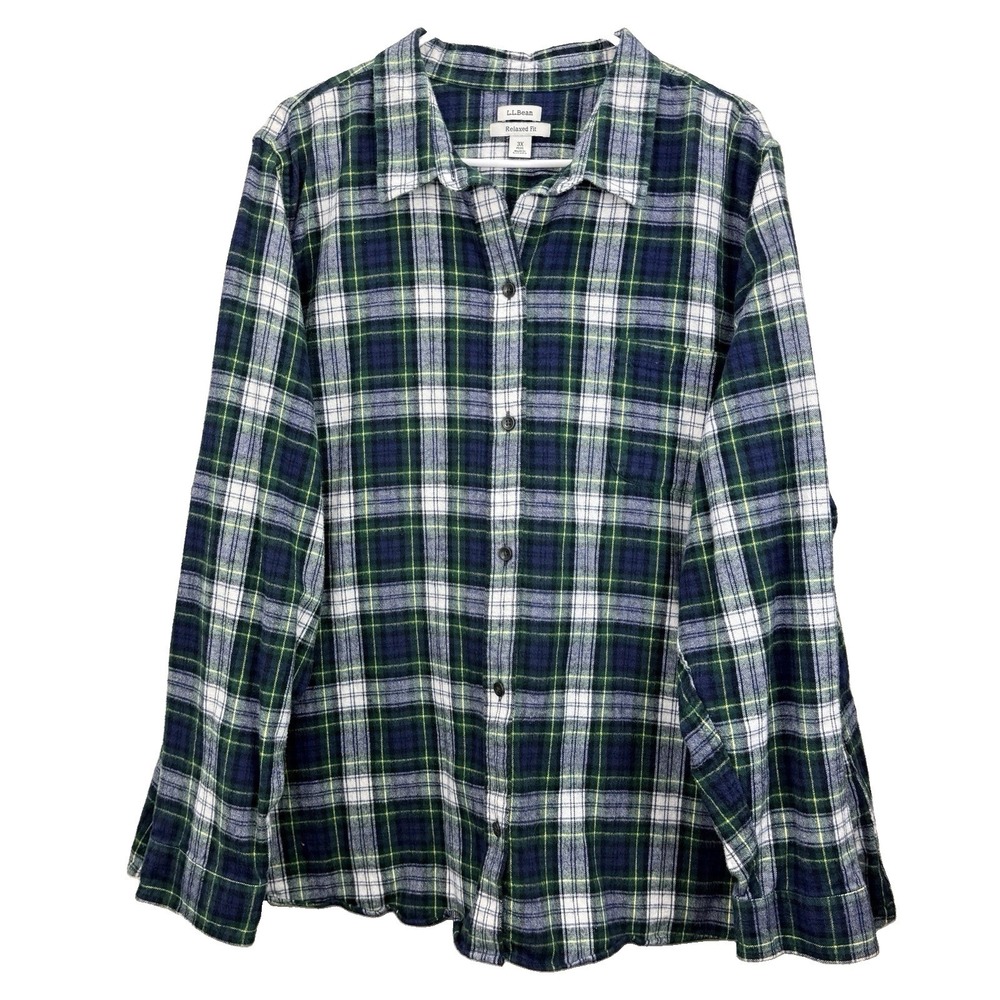 LL Bean Scotch Plaid Cotton Flannel Button Shirt Relaxed Fit 3X Green White - Picture 3 of 11